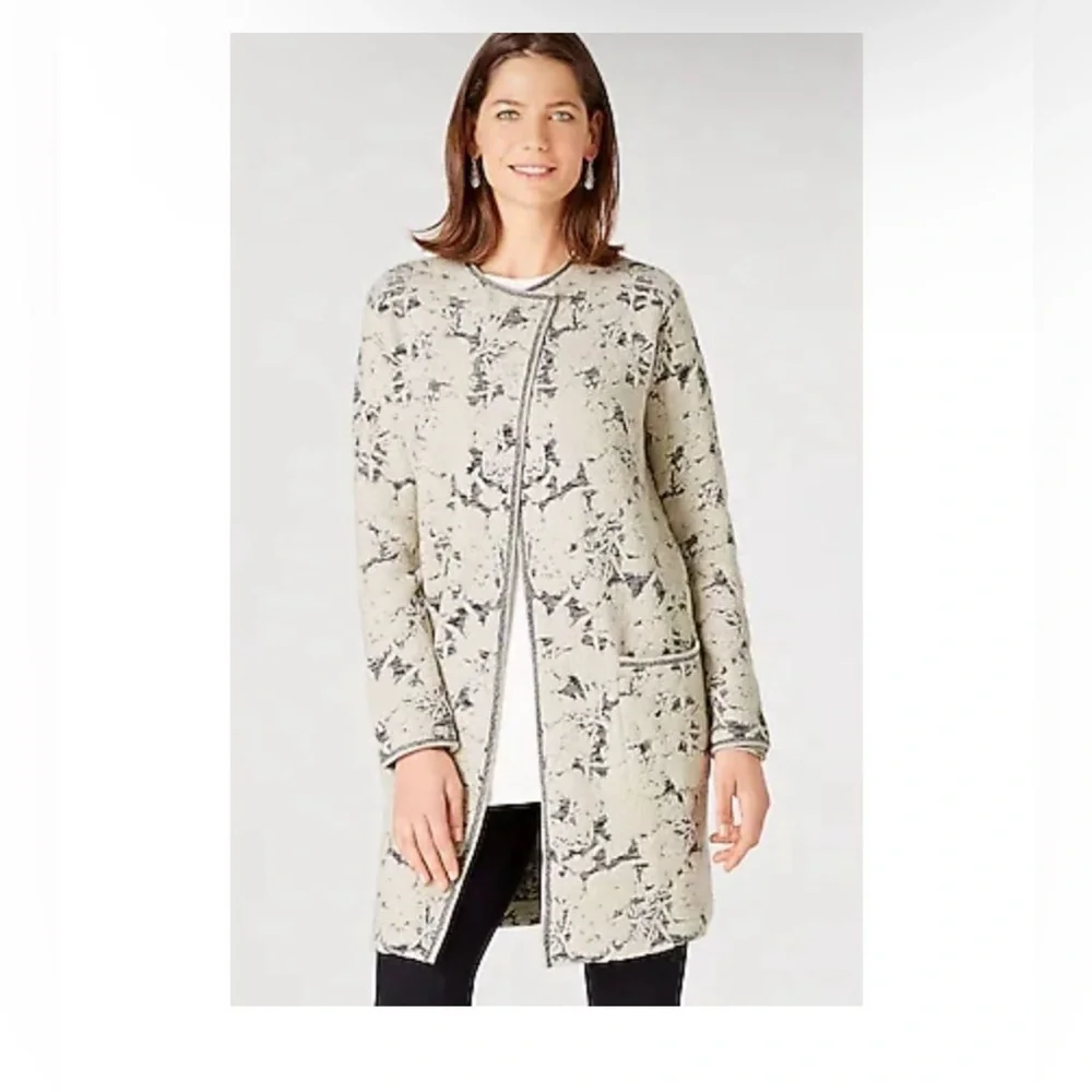 J. JILL White Gray Long Sleeve Jacquard Topper Longline Coat Jacket Size:Small